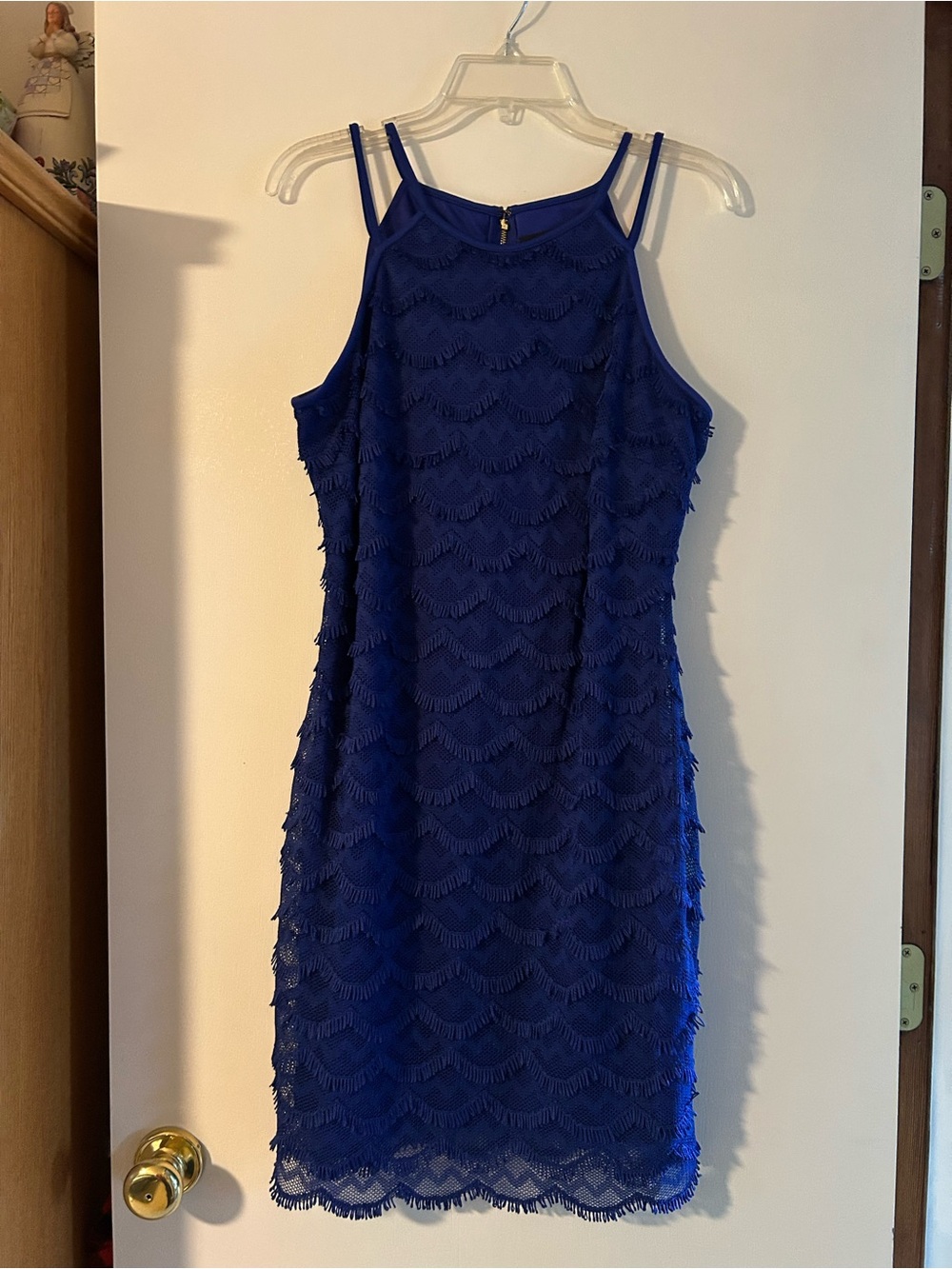 Guess Deep Blue Sheath Dress with Double Spaghetti Straps and Fringe Detail
